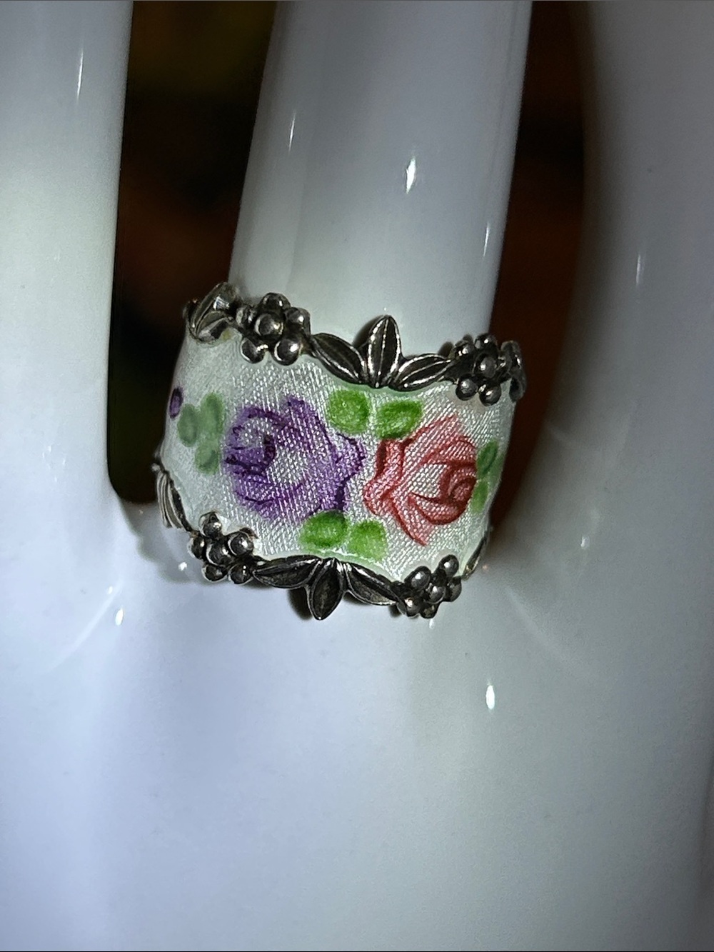 Sterling Ring with Enamel Purple & Pink Rose Motif